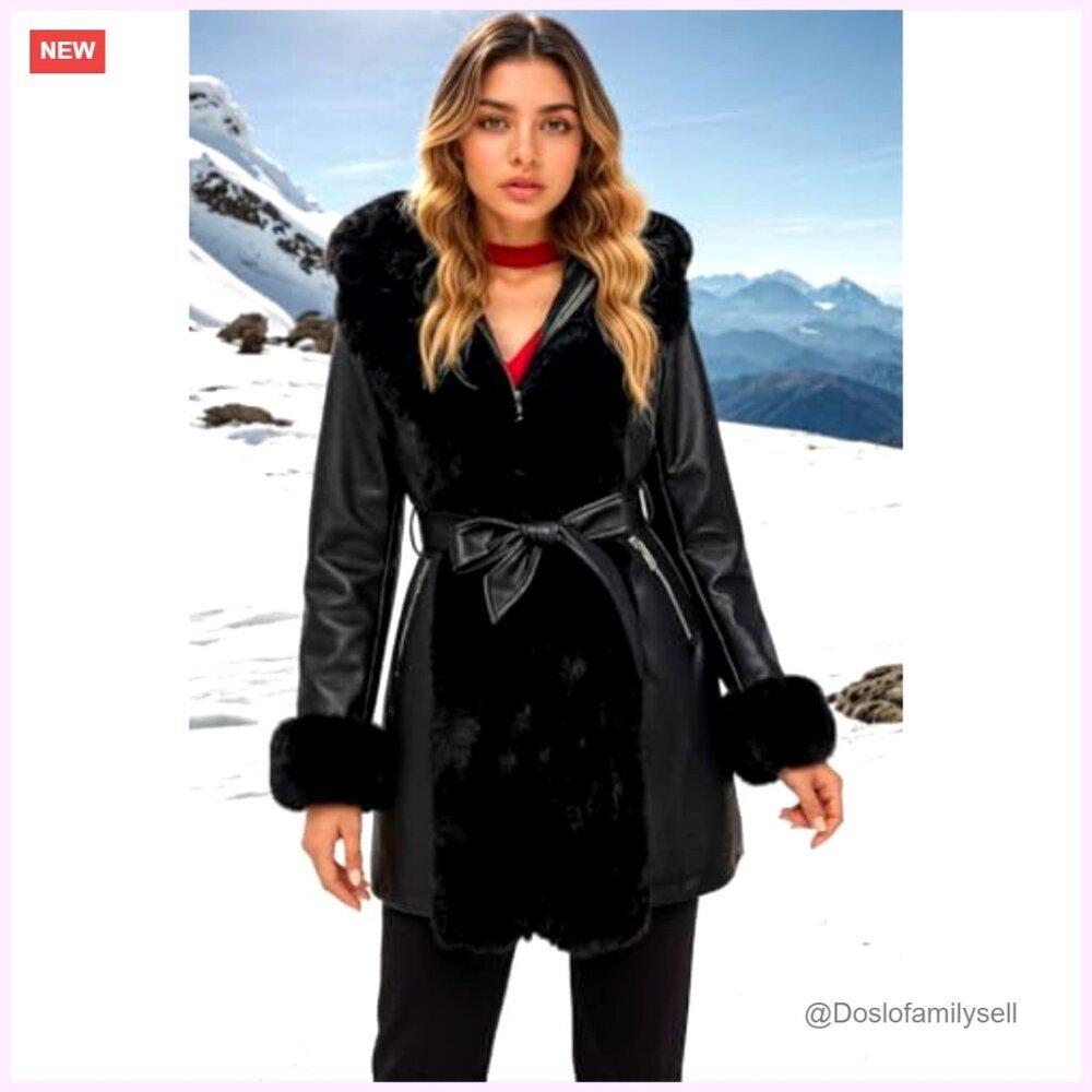 Faux Leather Fur Lined Hooded Coat with Belt, Heavy Winter Overcoat - Picture 3 of 7